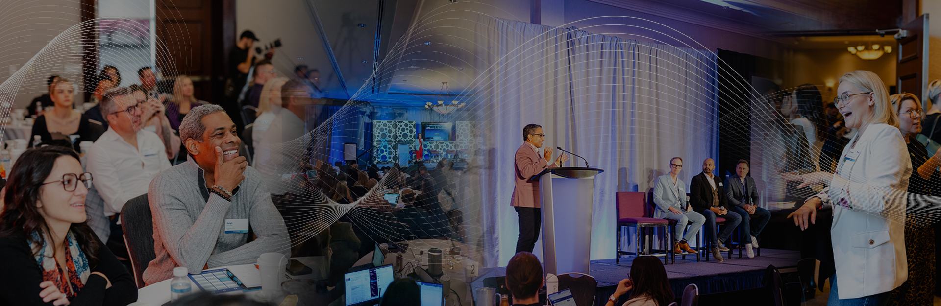 Collage image for networking event with speakers and people engaging with presentation.